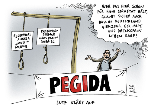 Cartoon: PEGIDA Galgen Merkel Gabriel (medium) by Schwarwel tagged pegida,dresden,demo,demonstration,galgen,merkel,gabriel,ermittlung,staatsanwaltschaft,recht,gesetz,nazis,rechte,rechts,lügenpresse,lutz,bachmann,straftet,ausländer,ausländerfeindlichkeit,asyl,asylsuchende,flüchtlinge,refugees,welcome,pack,angela,sigmar,morddrohung,viehzeug,gelumpe,dreckspack,karikatur,schwarwel,besorgte,bürger,pegida,dresden,demo,demonstration,galgen,merkel,gabriel,ermittlung,staatsanwaltschaft,recht,gesetz,nazis,rechte,rechts,lügenpresse,lutz,bachmann,straftet,ausländer,ausländerfeindlichkeit,asyl,asylsuchende,flüchtlinge,refugees,welcome,pack,angela,sigmar,morddrohung,viehzeug,gelumpe,dreckspack,karikatur,schwarwel,besorgte,bürger