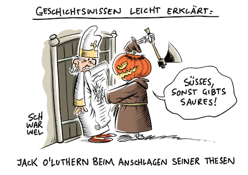 Cartoon: Reformationstag 2017 (medium) by Schwarwel tagged martin,luther,reformation,reformationstag,kirche,religion,gott,katholisch,evangelisch,thesenanschlag,thesen,wittenberg,halloween,süßes,saures,pabst,jesus,kreuz,geschichte,geschichtswissen,bildung,gebet,beten,karikatur,schwarwel,katharina,von,bora,martin,luther,reformation,reformationstag,kirche,religion,gott,katholisch,evangelisch,thesenanschlag,thesen,wittenberg,halloween,süßes,saures,pabst,jesus,kreuz,geschichte,geschichtswissen,bildung,gebet,beten,karikatur,schwarwel,katharina,von,bora