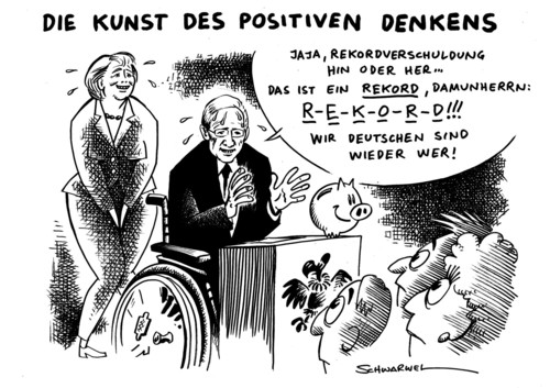 Cartoon: Rekordverschuldung (medium) by Schwarwel tagged finanzminister,wolfgang,schäuble,rekordverschuldung,wirtschaftskrise,angela,merkel