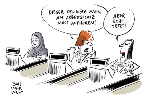 Cartoon: Religiöse Symbole in Unternehmen (medium) by Schwarwel tagged kopftuch,kopftuchdebatte,religion,islam,glaube,kirche,kreuz,jesus,heiden,thors,hammer,eugh,kopftuchverbot,religiöse,symbole,luxemburg,gericht,bundesgerichtshof,richter,recht,gesetz,klage,muslimin,muslim,muslime,kassiererin,drogerie,müller,präzedenzfall,religionsfreiheit,diskriminierung,neutralität,bundesarbeitsgericht,kippa,cartoon,karikatur,schwarwel,kopftuch,kopftuchdebatte,religion,islam,glaube,kirche,kreuz,jesus,heiden,thors,hammer,eugh,kopftuchverbot,religiöse,symbole,luxemburg,gericht,bundesgerichtshof,richter,recht,gesetz,klage,muslimin,muslim,muslime,kassiererin,drogerie,müller,präzedenzfall,religionsfreiheit,diskriminierung,neutralität,bundesarbeitsgericht,kippa,cartoon,karikatur,schwarwel