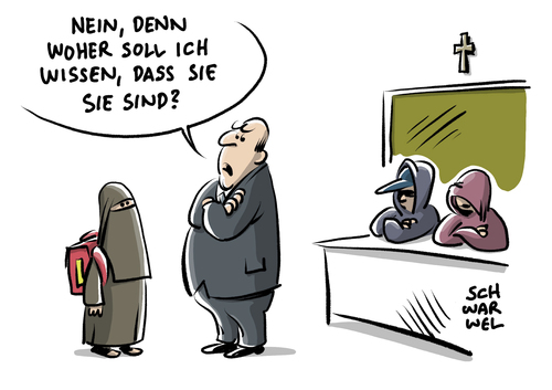 Cartoon: Religionsfreiheit Schule (medium) by Schwarwel tagged religion,religionsfreiheit,schule,schülerin,lehrer,niqab,unterricht,muslim,muslimin,kopftuch,verschleierung,vollverschleierung,karikatur,schwarwel,religion,religionsfreiheit,schule,schülerin,lehrer,niqab,unterricht,muslim,muslimin,kopftuch,verschleierung,vollverschleierung,karikatur,schwarwel