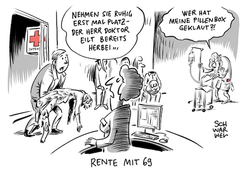 Cartoon: Rente mit 69 (medium) by Schwarwel tagged rente,rentner,pension,altersvorsorge,altersversorge,geld,finanzen,altersarmut,bundesbank,lebenserwartung,krankenhaus,job,arbeit,lohn,arzt,ärzte,krank,alter,rentenversicherung,rentenpolitik,ruhestand,ruhestandsalter,cartoon,karikatur,schwarwel,rente,rentner,pension,altersvorsorge,altersversorge,geld,finanzen,altersarmut,bundesbank,lebenserwartung,krankenhaus,job,arbeit,lohn,arzt,ärzte,krank,alter,rentenversicherung,rentenpolitik,ruhestand,ruhestandsalter,cartoon,karikatur,schwarwel