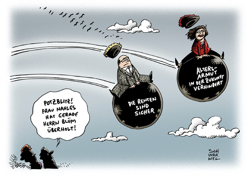 Cartoon: Rentenreform Nahles Versprechen (medium) by Schwarwel tagged rentenreform,nahle,versprechen,gerechte,rente,münchhausen,check,blüm,altersarmut,alter,pension,arm,armut,rentner,karikatur,schwarwel,rentenreform,nahle,versprechen,gerechte,rente,münchhausen,check,blüm,altersarmut,alter,pension,arm,armut,rentner,karikatur,schwarwel