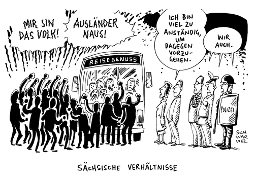 Cartoon: Sächsische Verhältnisse (medium) by Schwarwel tagged fremdenfeindlichkeit,asyl,asylsuchende,hass,gewalt,angst,terror,flüchtlinge,geflüchtete,flüchtlingspolitik,deutschland,deutsche,sachsen,säxit,nazi,nazis,mob,besorgte,bürger,döbeln,clausnitz,polizei,polizeigewalt,innenminister,ulbig,reisebus,wir,sind,das,volk,ausländer,raus,reisegenuss,kinder,kaltland,karikatur,schwarwel,fremdenfeindlichkeit,asyl,asylsuchende,hass,gewalt,angst,terror,flüchtlinge,geflüchtete,flüchtlingspolitik,deutschland,deutsche,sachsen,säxit,nazi,nazis,mob,besorgte,bürger,döbeln,clausnitz,polizei,polizeigewalt,innenminister,ulbig,reisebus,wir,sind,das,volk,ausländer,raus,reisegenuss,kinder,kaltland,karikatur,schwarwel