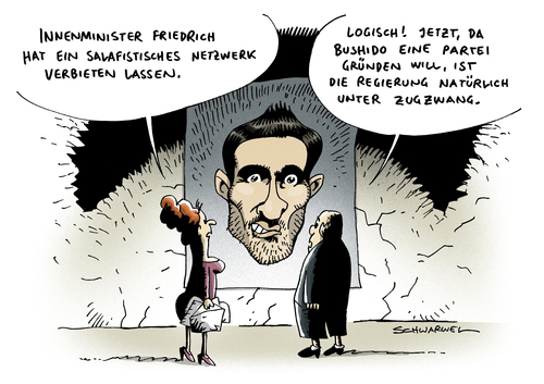 Cartoon: Salafisten Verbot Bushido Partei (medium) by Schwarwel tagged innenminister,minister,friedrich,politik,deutschland,salafisten,netzwerk,verbot,bushido,gründung,partei,schwarwel,karikatur,friedrich,innenminister,salafisten,netzwerk,bushido,gründung