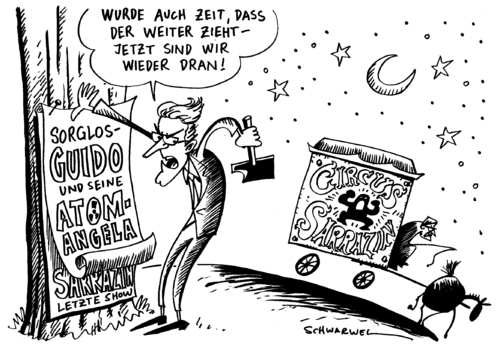 Cartoon: Sarrazin u. andere Wichtigkeiten (medium) by Schwarwel tagged sarrazin,angela,merkel,guido,westerwelle,wichtigkeiten,atom,karikatur,schwarwel