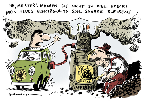 Cartoon: Sauberes Elektroauto (medium) by Schwarwel tagged elektro,auto,energie,schmutzig,bio,bug,methangas,recyclingfirma,geneco,kohlendioxid,gas,co2,motor,umwelt,benzin,new,beetle,cabriolet,karikatur,schwarwel