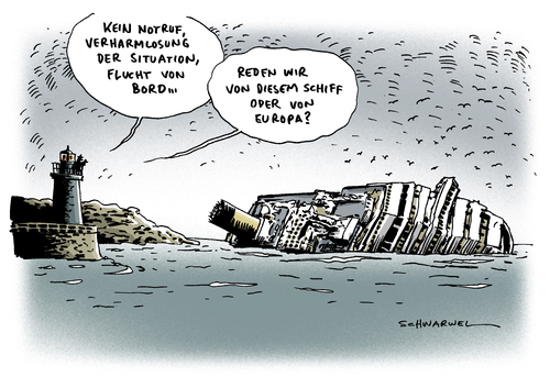 Cartoon: Schiffbruch Costa Concordia (medium) by Schwarwel tagged schiff,schiffbruch,costa,concordia,see,meer,wasser,unglück,tragödie,europa,euro,eu,krise,geld,wirtschaft,finabzen,kapitän,tod,verletzte,bord,wrack,mittelmeer,rettung,rettungskräfte,comandante,schettino,totalversagen,notruf,kreuzfahrtschiff,havarie,francesco,passagier,reederei,seenet,not,signal,evakuierung,karikatur,schwarwel,schiff,schiffbruch,costa concordia,unglück,europa,eu,kapitän,costa,concordia