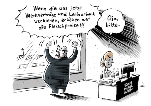 Cartoon: Schlachtbetriebe Werkvertrag (medium) by Schwarwel tagged schlachtbetrieb,tönnies,wiesenhof,fleischfabrik,tierquälerei,kükenschreddern,billigfleisch,werkverträge,arbeitsbedingungen,leiharbeit,leiharbeiter,fleischpreise,fleischkonsum,arbeit,lohn,gehalt,arbeitsleistung,lebensmittel,nahrung,fleischindustrie,fleischkonzern,schlachthof,corona,coronavirus,hotspot,pandemie,covid19,superspreading,supderspreader,pandemieherde,cartoon,karikatur,schwarwel,schlachtbetrieb,tönnies,wiesenhof,fleischfabrik,tierquälerei,kükenschreddern,billigfleisch,werkverträge,arbeitsbedingungen,leiharbeit,leiharbeiter,fleischpreise,fleischkonsum,arbeit,lohn,gehalt,arbeitsleistung,lebensmittel,nahrung,fleischindustrie,fleischkonzern,schlachthof,corona,coronavirus,hotspot,pandemie,covid19,superspreading,supderspreader,pandemieherde,cartoon,karikatur,schwarwel