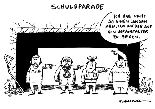 Cartoon: Schuldparade Loveparade (medium) by Schwarwel tagged loveparade,schuld,duisburg,mcfit,stadt,polizei,karikatur,schwarwel