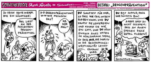 Cartoon: Schweinevogel Dorgenprävention (medium) by Schwarwel tagged schwarwel,schweineovgel,iron,doof,swampie,sid,comic,comicstrip,drogen,prävention,essen,trinken,nahrung,lebensmittel,fernsehen,witz,witzig,satire,haushalt,haus,heim,arbeit,faul,fleiß,comic,strip,vogel,schwein