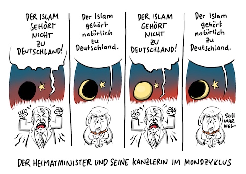 Cartoon: Seehofer Merkel Islam (medium) by Schwarwel tagged islam,gehört,zu,deutschland,seehofer,merkel,regierungserklärung,bundeskanzlerin,cdu,csu,horst,angela,meerkel,heimatminister,minister,rechtsextrem,rechtsextremismus,rassenhass,rassismus,rassistisch,rechtspopulisten,nazis,faschisten,nonazis,flüchtlinge,geflüchtete,flüchtlingskrise,flüchtlingspolitik,asyl,asylsuchende,flüchtlingsheime,religion,christen,christlich,christentum,muslime,moslems,juden,kirche,staat,kreuz,christus,judenstern,dobrindt,groko,große,koalition,regierungsbildung,cartoon,karikatur,schwarwel,pflegenotstand,kitaplätze,hartz,iv,bezahlbarer,wohnraum,lohngleichheit,islam,gehört,zu,deutschland,seehofer,merkel,regierungserklärung,bundeskanzlerin,cdu,csu,horst,angela,meerkel,heimatminister,minister,rechtsextrem,rechtsextremismus,rassenhass,rassismus,rassistisch,rechtspopulisten,nazis,faschisten,nonazis,flüchtlinge,geflüchtete,flüchtlingskrise,flüchtlingspolitik,asyl,asylsuchende,flüchtlingsheime,religion,christen,christlich,christentum,muslime,moslems,juden,kirche,staat,kreuz,christus,judenstern,dobrindt,groko,große,koalition,regierungsbildung,cartoon,karikatur,schwarwel,pflegenotstand,kitaplätze,hartz,iv,bezahlbarer,wohnraum,lohngleichheit