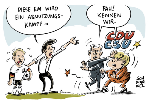 Cartoon: Seehofer Merkel Löw und EM (medium) by Schwarwel tagged horstseehofer,cdu,csu,partei,angela,merkel,angie,streit,physische,herausförderung,em,europameisterschaft,fußball,tor,mannschaft,spieler,rasen,löw,abnutzungskampf,sport,karikatur,schwarwel,horstseehofer,cdu,csu,partei,angela,merkel,angie,streit,physische,herausförderung,em,europameisterschaft,fußball,tor,mannschaft,spieler,rasen,löw,abnutzungskampf,sport,karikatur,schwarwel