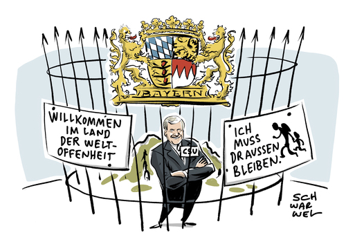 Cartoon: Seehofer Weltoffenheit (medium) by Schwarwel tagged ministerpräsident,horst,seehofer,csu,cdu,union,partei,parteien,afd,alternative,für,deutschland,rechts,nazi,rechtsextrem,rechtspopulismus,parteitag,flüchtlinge,politik,flüchtlingspolitik,flüchtlingskrise,weltoffenheit,asylsuchende,asylpolitik,asylanten,zwanderung,migration,islam,burka,einwanderungsgesetz,einwanderungsbegrenzungsgesetz,bayern,karikatur,schwarwel,ministerpräsident,horst,seehofer,csu,cdu,union,partei,parteien,afd,alternative,für,deutschland,rechts,nazi,rechtsextrem,rechtspopulismus,parteitag,flüchtlinge,politik,flüchtlingspolitik,flüchtlingskrise,weltoffenheit,asylsuchende,asylpolitik,asylanten,zwanderung,migration,islam,burka,einwanderungsgesetz,einwanderungsbegrenzungsgesetz,bayern,karikatur,schwarwel