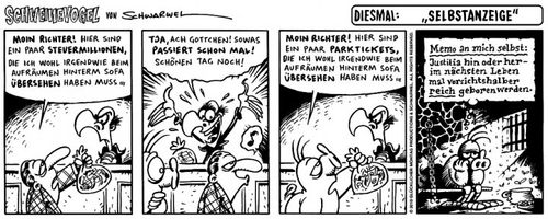 Cartoon: Selbstanzeige (medium) by Schwarwel tagged schwarwel,schweinevogel,financial,times,deutschland,ftd,recht,gerechtigkeit,anzeige,selbstanzeige,richter,justitia,el,depressivo