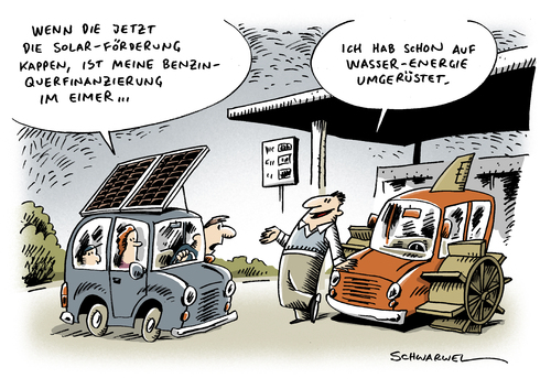 Cartoon: Solar Förderung Benzin (medium) by Schwarwel tagged solar,förderung,deutschland,senkung,krise,benzin,hoch,teuer,reghierung,strom,politik,energie,erneuerbar,solaranlage,sonne,natur,karikatur,schwarwel,solar,förderung,deutschland,senkung,benzin,solaranlage,sonne,energie