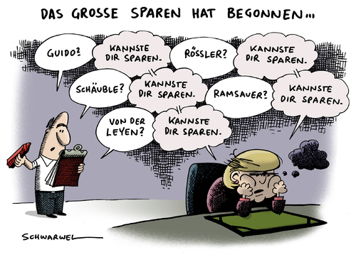 Cartoon: Sparhaushalt (medium) by Schwarwel tagged sparen,haushalt,krise,wirtschaft,finanzen,angela,merkel,bundesregierung,guido,westerwelle,schäuble,von,der,leyen,karikatur,schwarwel