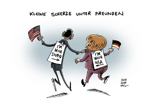 Cartoon: Staatsbesuch Merkel Obama (medium) by Schwarwel tagged staatsbesuch,merkel,obama,nsa,thematik,karikatur,schwarwel,staatsbesuch,merkel,obama,nsa,thematik,karikatur,schwarwel