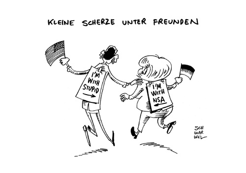 Cartoon: Staatsbesuch Merkel Obama (medium) by Schwarwel tagged staatsbesuch,merkel,obama,nsa,thematik,karikatur,schwarwel,staatsbesuch,merkel,obama,nsa,thematik,karikatur,schwarwel