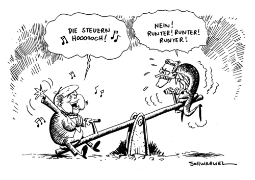 Cartoon: Steuern hoch und runter (medium) by Schwarwel tagged steuer,hoch,tief,angela,merkel,guido,westerwellse,cdu,fdp,partei,deutschland,republik,finanzen,wirtschaft,politik,haushalt,gesellschaft,steuerzahler,streit,steuer,hoch,tief,angela merkel,guido westerwellse,cdu,fdp,partei,deutschland,republik,finanzen,wirtschaft,angela,merkel,guido,westerwellse