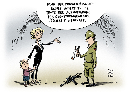 Cartoon: Sturmgewehr Ausmusterung G36 (medium) by Schwarwel tagged sturmgewehr,ausmusterung,g36,von,der,leyen,karikatur,schwarwel,soldat,armee,bundeswehr,waffe,krieg,frieden,sturmgewehr,ausmusterung,g36,von,der,leyen,karikatur,schwarwel,soldat,armee,bundeswehr,waffe,krieg,frieden