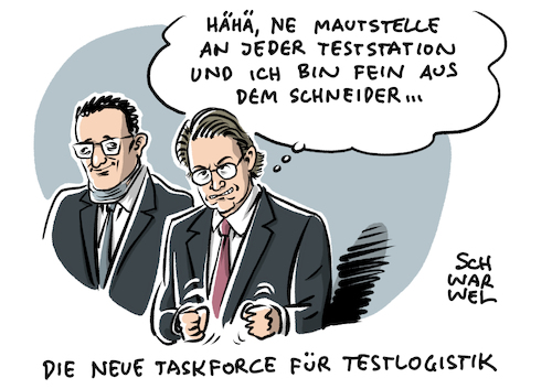 Cartoon: Taskforce Spahn Scheuer (medium) by Schwarwel tagged gesundheitsminister,spahn,scheuer,taskforce,testlogistik,coronatest,schnelltests,selbsttests,impfdebakel,impfung,impfen,impfchaos,corona,coronapandemie,covid19,pandemisches,staatsversagen,cartoon,karikatur,schwarwel,gesundheitsminister,spahn,scheuer,taskforce,testlogistik,coronatest,schnelltests,selbsttests,impfdebakel,impfung,impfen,impfchaos,corona,coronapandemie,covid19,pandemisches,staatsversagen,cartoon,karikatur,schwarwel