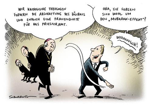 Cartoon: Theologen Abschaffung Zölibat (medium) by Schwarwel tagged katholische,theologen,fordern,abschaffung,zölibat,karikatur,schwarwel,frauenqhote,frau,priester,amt,kirche,mubarak,kirche,katholisch,priester,zölibat,reform,theologe,bischof,papst,ehering,ehe,religion,abschaffung,theologen,frauenquote,frauen,amt,mubarak