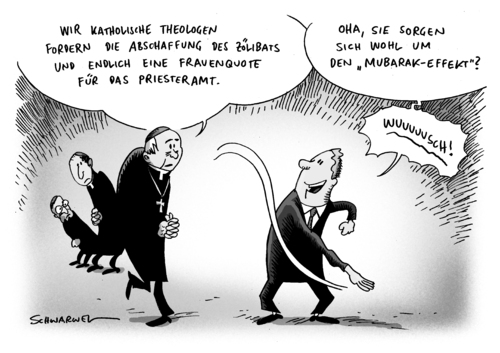 Cartoon: Theologen Abschaffung Zölibat (medium) by Schwarwel tagged katholische,theologen,fordern,abschaffung,zölibat,karikatur,schwarwel,frauenqhote,frau,priester,amt,kirche,mubarak,kirche,katholisch,priester,zölibat,reform,theologe,bischof,papst,ehering,ehe,religion,abschaffung,theologen,frauenquote,frauen,amt,mubarak