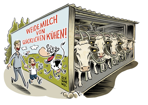 Cartoon: Tierhaltung in Deutschland (medium) by Schwarwel tagged tierhaltung,deutschland,tier,kuh,milch,tierquälerei,baumnisterin,massenställe,kühe,massentierhaltung,massenproduktion,milchproduktion,karikatur,schwarwel,tierhaltung,deutschland,tier,kuh,milch,tierquälerei,baumnisterin,massenställe,kühe,massentierhaltung,massenproduktion,milchproduktion,karikatur,schwarwel