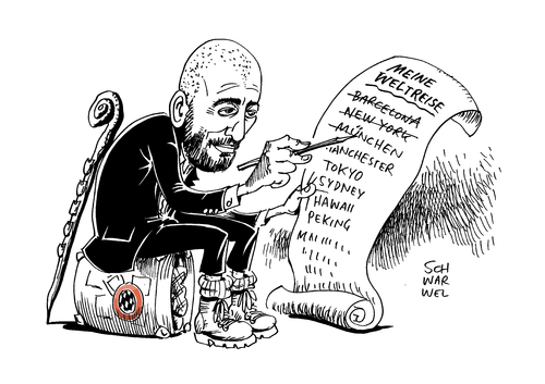 Cartoon: Trainerwechsel Pep Guardiola (medium) by Schwarwel tagged trainer,wechsel,pep,guardiola,fc,bayern,manchaster,weltreise,karikatur,schwarwel,fußball,trainer,wechsel,pep,guardiola,fc,bayern,manchaster,weltreise,karikatur,schwarwel,fußball