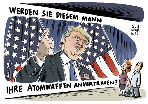 Cartoon: Trump Atomwaffen (medium) by Schwarwel tagged donald,trump,atomwaffen,atomwaffe,waffen,gewalt,terror,us,usa,amerika,republikaner,präsidentschaftskandidat,wahl,karikatur,schwarwel,donald,trump,atomwaffen,atomwaffe,waffen,gewalt,terror,us,usa,amerika,republikaner,präsidentschaftskandidat,wahl,karikatur,schwarwel