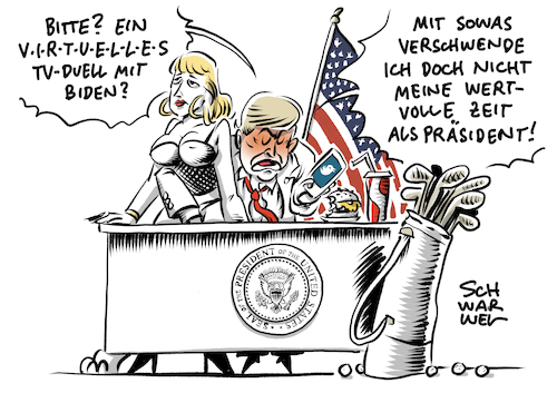 Cartoon: Trump Corona TV Duell (medium) by Schwarwel tagged donald,trump,us,usa,president,präsident,amerika,america,wahl,wahlkampf,wahlen,biden,tv,duell,virtuell,online,corona,coronavirus,pandemie,coronapandemie,virologe,abstand,halten,maskenpflicht,mundnasenschutz,hyginevorschriften,covid19,sars,infiziert,coronainfiziert,cartoon,karikatur,schwarwel,donald,trump,us,usa,president,präsident,amerika,america,wahl,wahlkampf,wahlen,biden,tv,duell,virtuell,online,corona,coronavirus,pandemie,coronapandemie,virologe,abstand,halten,maskenpflicht,mundnasenschutz,hyginevorschriften,covid19,sars,infiziert,coronainfiziert,cartoon,karikatur,schwarwel