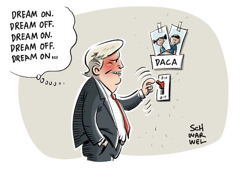 Cartoon: Trump Dreamer Gesetz (medium) by Schwarwel tagged donald,trump,dreamer,gesetz,deal,us,usa,amerika,america,first,präsident,president,diktatur,demokratie,demokraten,weißes,haus,flüchtlingspolitik,flüchtlinge,geflüchtete,flüchtlingskrise,einwanderung,einwanderungsgesetz,migration,migranten,grenze,grenzschutz,daca,republikaner,einwanderer,illegal,einwanderungspolitik,regierung,politik,politiker,karikatur,schwarwel,donald,trump,dreamer,gesetz,deal,us,usa,amerika,america,first,präsident,president,diktatur,demokratie,demokraten,weißes,haus,flüchtlingspolitik,flüchtlinge,geflüchtete,flüchtlingskrise,einwanderung,einwanderungsgesetz,migration,migranten,grenze,grenzschutz,daca,republikaner,einwanderer,illegal,einwanderungspolitik,regierung,politik,politiker,karikatur,schwarwel