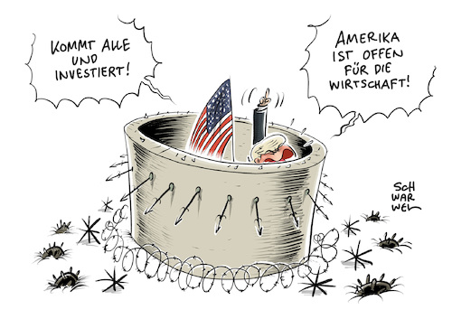 Cartoon: Trump Investitionen Amerika (medium) by Schwarwel tagged donald,trump,us,usa,amerika,make,america,great,again,first,präsident,president,davos,investitionen,investieren,wirtschaft,geld,finanzen,finanzpolitik,politik,politiker,weltwirtschaftsforum,steuerreform,handel,handelsbeziehungen,handelsabkommen,karikatur,schwarwel,donald,trump,us,usa,amerika,make,america,great,again,first,präsident,president,davos,investitionen,investieren,wirtschaft,geld,finanzen,finanzpolitik,politik,politiker,weltwirtschaftsforum,steuerreform,handel,handelsbeziehungen,handelsabkommen,karikatur,schwarwel