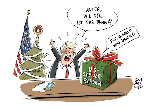 Cartoon: Trump Steuerreform (medium) by Schwarwel tagged donald,trump,us,usa,amerika,president,präsident,america,first,make,great,again,senat,weißes,haus,getzt,steuer,steuern,steuerreform,geschenk,geschenke,weihnachten,weihanchtsmann,weihnachtsbaum,flagge,fahne,abgeordnete,christbaum,karikatur,schwarwel,wirtschaft,geld,finanzen,politik,politiker,donald,trump,us,usa,amerika,president,präsident,america,first,make,great,again,senat,weißes,haus,getzt,steuer,steuern,steuerreform,geschenk,geschenke,weihnachten,weihanchtsmann,weihnachtsbaum,flagge,fahne,abgeordnete,christbaum,karikatur,schwarwel,wirtschaft,geld,finanzen,politik,politiker