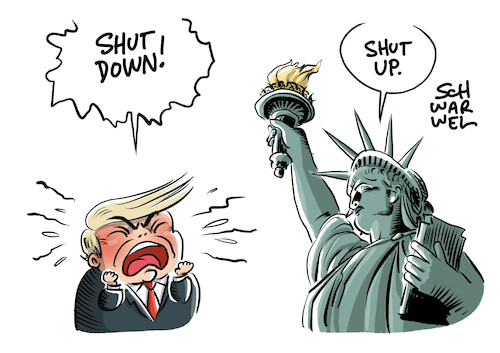 Cartoon: Trump und der Shutdown (medium) by Schwarwel tagged trump,donal,us,usa,america,amerika,president,präsident,weißes,haus,twitter,freiheitsstatue,regierungsbeamte,beamte,zwangsurlaub,mauer,mexiko,grenze,grenzen,abgrenzung,mauern,grenzmauer,vereinigte,staaten,regierungsgeschäfte,haushaltssperre,haushaltsgesetz,staatshaushalt,haushalt,grenzsicherung,cartoon,karikatur,schwarwel,trump,donal,us,usa,america,amerika,president,präsident,weißes,haus,twitter,freiheitsstatue,regierungsbeamte,beamte,zwangsurlaub,mauer,mexiko,grenze,grenzen,abgrenzung,mauern,grenzmauer,vereinigte,staaten,regierungsgeschäfte,haushaltssperre,haushaltsgesetz,staatshaushalt,haushalt,grenzsicherung,cartoon,karikatur,schwarwel