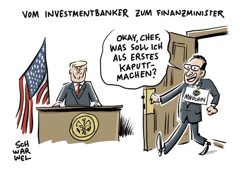 Cartoon: Trumps Finanzchef Mnuchin (medium) by Schwarwel tagged us,usa,regierung,amerika,donald,trump,finanzen,finanzchef,mnuchin,karikatur,schwarwel,investmentbanker,präsident,minister,us,usa,regierung,amerika,donald,trump,finanzen,finanzchef,mnuchin,karikatur,schwarwel,investmentbanker,präsident,minister