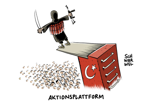 Cartoon: Türkei Aktionsplattform (medium) by Schwarwel tagged brisant,einschätzung,bundesregierung,türkei,aktionsplattform,is,islamischer,staat,islamisten,ankara,deutschland,verdrehte,mentalität,karikatur,schwarwel,terror,terrorismus,waffen,gewalt,brisant,einschätzung,bundesregierung,türkei,aktionsplattform,is,islamischer,staat,islamisten,ankara,deutschland,verdrehte,mentalität,karikatur,schwarwel,terror,terrorismus,waffen,gewalt