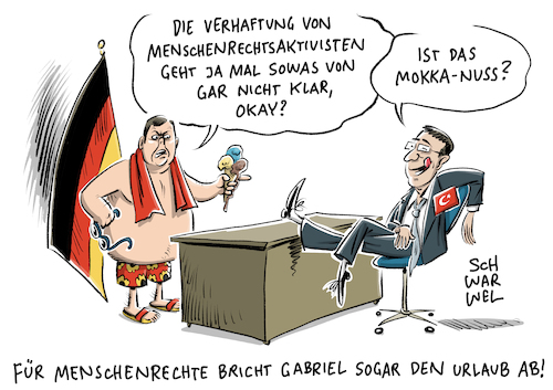 Cartoon: Türkei Inhaftierung Deutscher (medium) by Schwarwel tagged karikatur,cartoon,schwarwel,erdogan,türkei,diktatur,demokratie,außenmjnister,menschenrechte,menschenrechtsaktivisten,aktivist,amnesty,international,festnahme,gefängnis,inhaftierung,knast,häftling,anklage,meinungsfreiheit,pressefreiheit,deutscher,deutschland,auswärtiges,amt,sigmar,gabriel,türkischer,botschafter,außenministerium,ministerium,minister,urlaub,sommer,sonne,ferien,eis,türkische,regierung,bundesregierung,peter,steudtner,karikatur,cartoon,schwarwel,erdogan,türkei,diktatur,demokratie,außenmjnister,menschenrechte,menschenrechtsaktivisten,aktivist,amnesty,international,festnahme,gefängnis,inhaftierung,knast,häftling,anklage,meinungsfreiheit,pressefreiheit,deutscher,deutschland,auswärtiges,amt,sigmar,gabriel,türkischer,botschafter,außenministerium,ministerium,minister,urlaub,sommer,sonne,ferien,eis,türkische,regierung,bundesregierung,peter,steudtner