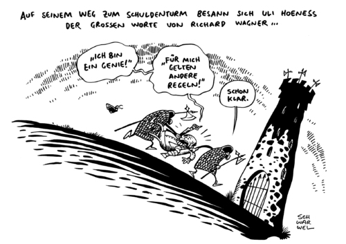 Cartoon: Uli Hoeneß Steuerhinterziehung (medium) by Schwarwel tagged uli,hoeneß,steuerhinterziehung,verdacht,verantwortung,gericht,bayern,präsident,fußball,stratfat,gesetz,schuldenberg,richard,wagner,genie,geld,karikatur,schwarwel,uli,hoeneß,steuerhinterziehung,verdacht,verantwortung,gericht,bayern,präsident,fußball,stratfat,gesetz,schuldenberg,richard,wagner,genie,geld,karikatur,schwarwel