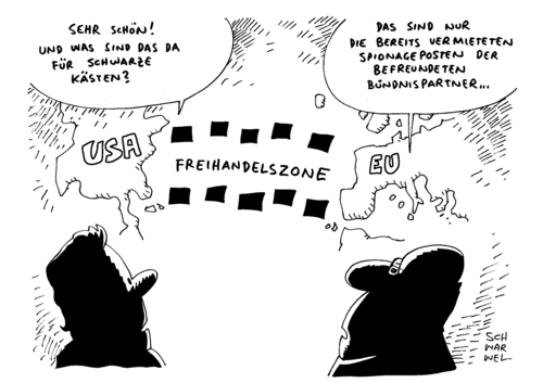 Cartoon: USA EU Freihandelszone (medium) by Schwarwel tagged usa,eu,freihandelszone,spionageposten,bündnispartner,karikatur,schwarwel,usa,eu,freihandelszone,spionageposten,bündnispartner,karikatur,schwarwel