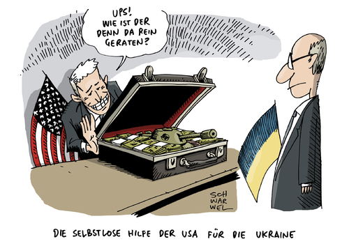 Cartoon: USA Hilfe Ukraine (medium) by Schwarwel tagged ukraine,usa,hilfe,milliarden,dollar,euro,geld,finanzen,wirtschaft,militär,panzer,karikatur,schwarwel,ukraine,usa,hilfe,milliarden,dollar,euro,geld,finanzen,wirtschaft,militär,panzer,karikatur,schwarwel