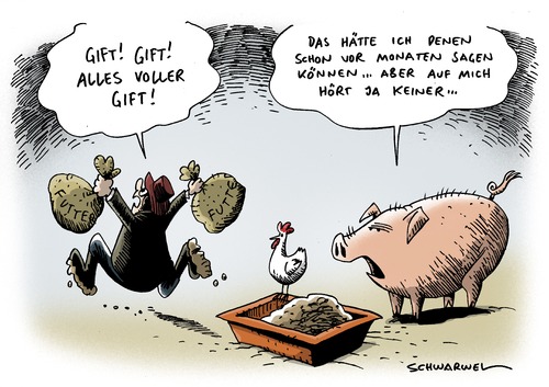 Cartoon: Verseuchte Fette im Futter (medium) by Schwarwel tagged gift,futter,huhn,ei,lebensmittel,dioxin,verbraucher,bedrohung,verseucht,seuche,nahrung,fleisch,schwein,futtermittel,skandal,krankheit,schutz,schwarwel,karikatur,essen,mensch,tier,dioxin,ei,skandal,lebensmittel,eier,verunreinigung,grenzwert,verseuchung,vergiftung,gift,futtermittel,essen,tierfutter,nahrung,ernährung,restaurant,frühstück,verbraucher,verbraucherschutz