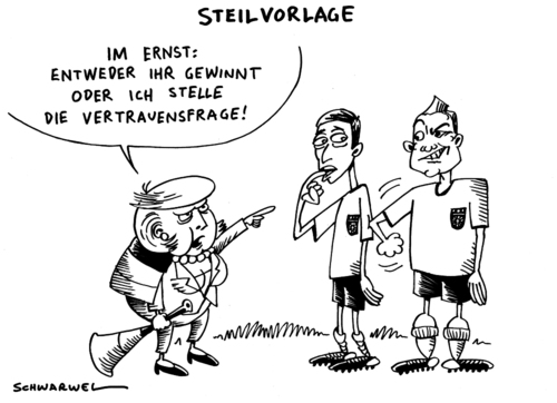 Cartoon: Vertrauensfrage (medium) by Schwarwel tagged angela,merkel,fußball,wm,vertrauensfrage,vertrauen,fußballer,weltmeisterschaft,joachim,löw,spieler,bastian,schweinsteiger,vuvuzuela,deutschland,team,karikatur,schwarwel