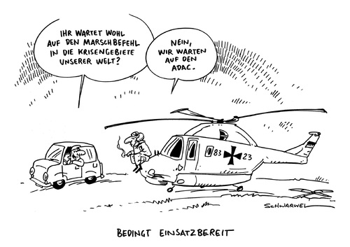 Cartoon: Waffensystem Bundeswehr Problem (medium) by Schwarwel tagged waffensystem,bundeswehr,problem,kriseneinsatz,krieg,armee,soldat,hubschrauber,panzer,waffe,waffen,gewalt,deutschland,marschbefehl,ukraine,krim,adac,einsatz,karikatur,schwarwel,waffensystem,bundeswehr,problem,kriseneinsatz,krieg,armee,soldat,hubschrauber,panzer,waffe,waffen,gewalt,deutschland,marschbefehl,ukraine,krim,adac,einsatz,karikatur,schwarwel