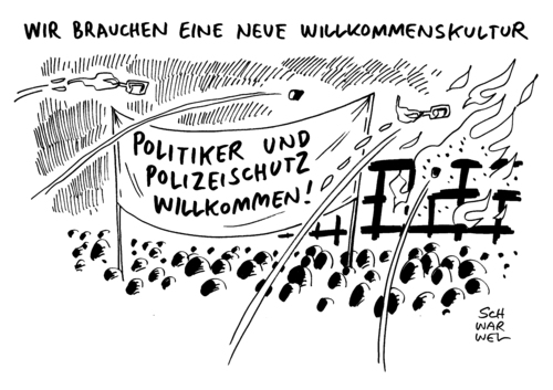 Cartoon: Willkommenskultur (medium) by Schwarwel tagged willkommenskultur,willkommen,refugees,welcome,kritik,schweigen,politik,politiker,einsatztaktik,polizei,schutz,flüchtlinge,asyl,asylsuchende,asylbewerber,karikatur,schwarwel,willkommenskultur,willkommen,refugees,welcome,kritik,schweigen,politik,politiker,einsatztaktik,polizei,schutz,flüchtlinge,asyl,asylsuchende,asylbewerber,karikatur,schwarwel