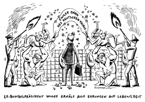 Cartoon: Wulff Ehrenbekundungen (medium) by Schwarwel tagged ex,bundespräsident,präsident,wulff,ehrenbekundung,ehre,amt,politik,politiker,ehrensold,sold,zapfenstreich,streit,vorteilsannahme,rücktritt,vergehen,verbrechen,staatsanwaltschaft,deutschland,ehrung,karikatur,schwarwel,ex,bundespräsident,präsident,wulff,ehrenbekundung,ehrensold,sold,zapfenstreich,streit,vorteilsannahme,rücktritt