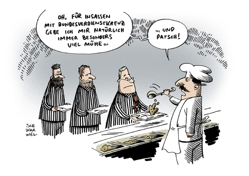 Cartoon: Wulff Prozess Verdienstkreuz (medium) by Schwarwel tagged wulff,prozess,gericht,verfahren,gesetz,bundespräsident,bundesverdienstkreuz,karikatur,schwarwel,wulff,prozess,gericht,verfahren,gesetz,bundespräsident,bundesverdienstkreuz,karikatur,schwarwel