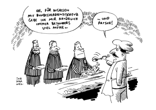 Cartoon: Wulff Prozess Verdienstkreuz (medium) by Schwarwel tagged wulff,prozess,gericht,verfahren,gesetz,bundespräsident,bundesverdienstkreuz,karikatur,schwarwel,wulff,prozess,gericht,verfahren,gesetz,bundespräsident,bundesverdienstkreuz,karikatur,schwarwel