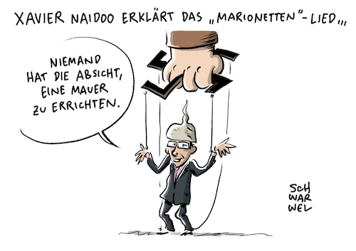 Cartoon: Xavier Naidoo Marionetten (medium) by Schwarwel tagged söhne,mannheims,xavier,naidoo,marionetten,song,rechts,nazi,pegida,legida,populismus,rechtspopulismus,demokratie,lied,sänger,musiker,musik,mannheim,oberbürgermeister,krisengespräch,krise,krisentreffen,kritik,rechtsextrem,rechtsextremismus,verschwörungstheorie,gedankengut,politik,politiker,volksverräter,extremismus,karikatur,schwarwel,söhne,mannheims,xavier,naidoo,marionetten,song,rechts,nazi,pegida,legida,populismus,rechtspopulismus,demokratie,lied,sänger,musiker,musik,mannheim,oberbürgermeister,krisengespräch,krise,krisentreffen,kritik,rechtsextrem,rechtsextremismus,verschwörungstheorie,gedankengut,politik,politiker,volksverräter,extremismus,karikatur,schwarwel